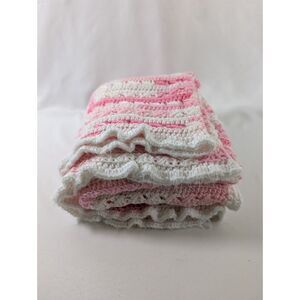 Handmade Crochet Baby Blanket Pink White Scalloped Edge 40x36